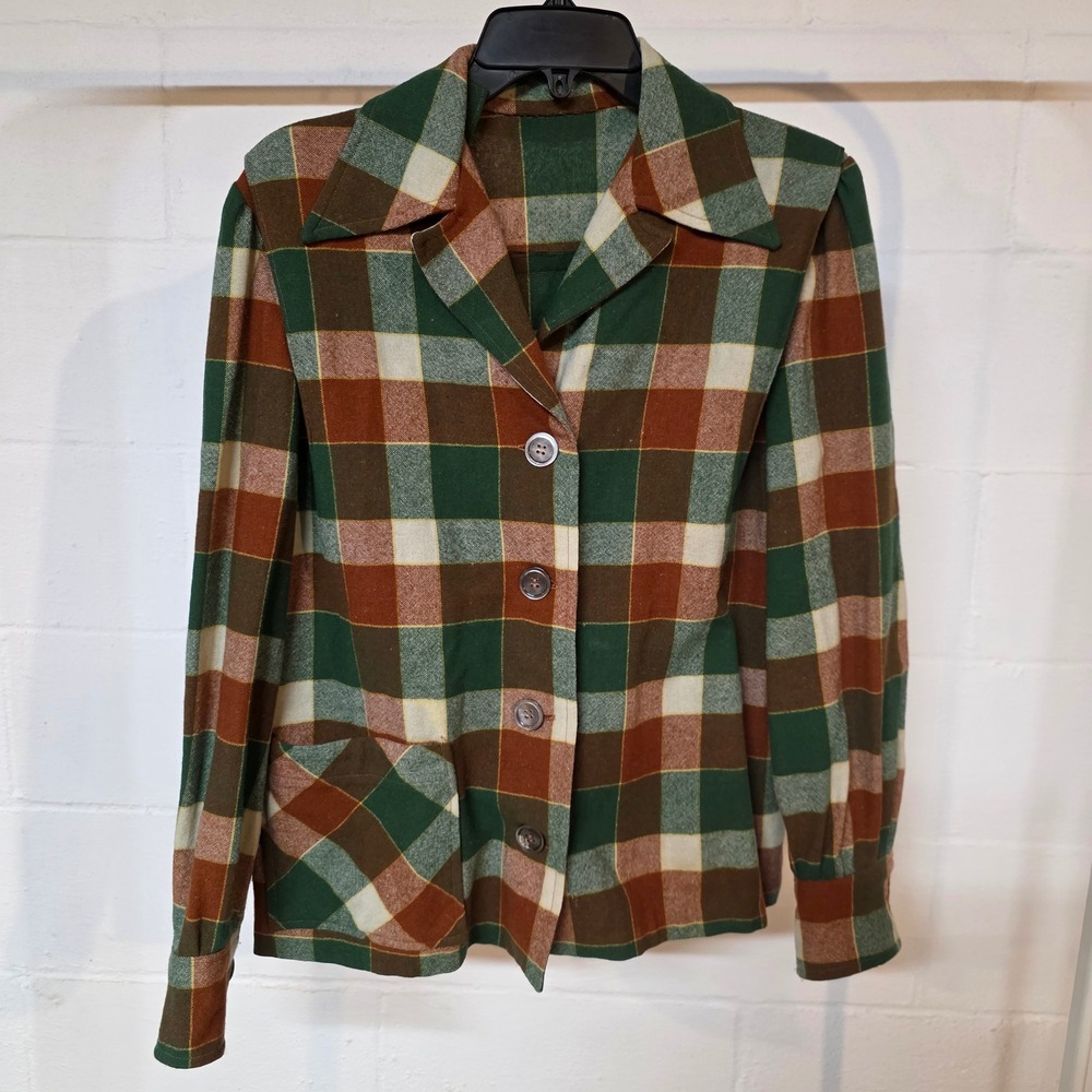 Vintage 50s Plaid Button Jacket Green Brown Rust Checkered Point Collar Size Med
